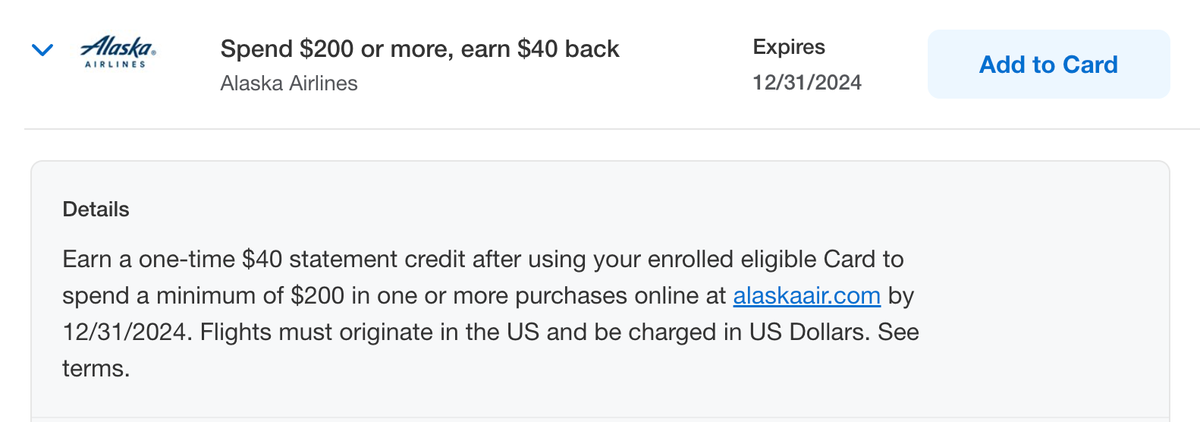 Alaska Airlines $40 off $200 Amex Offer